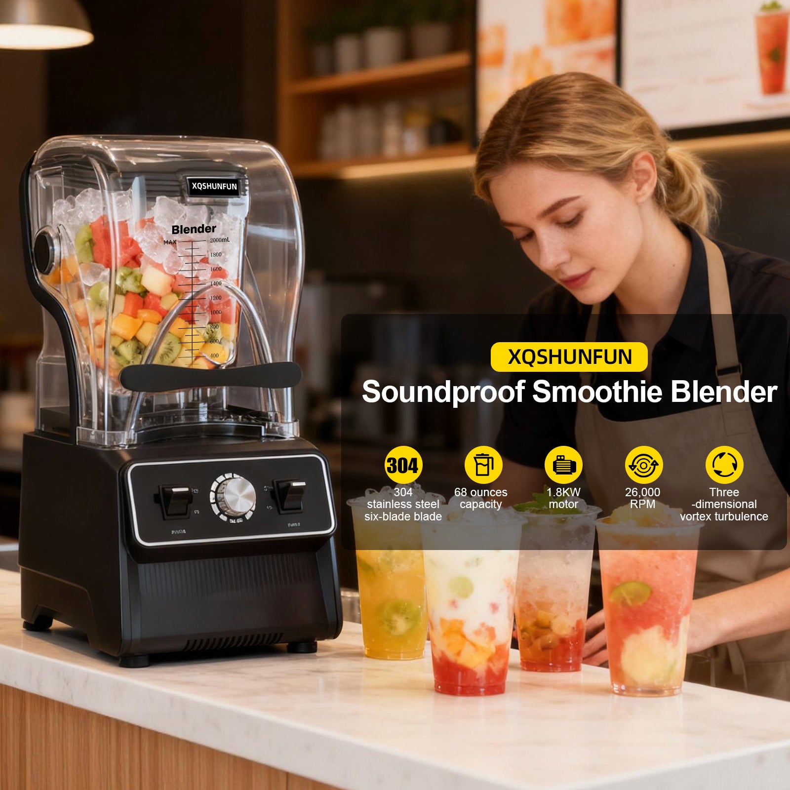 XQSHUNFUN Professional Soundproof Blender, True 1800W Commercial Quiet Blender, 68oz Dishwasher Safe Square Jar with Precise Scale, Sound Shield Enclosure, Pure Copper Motor