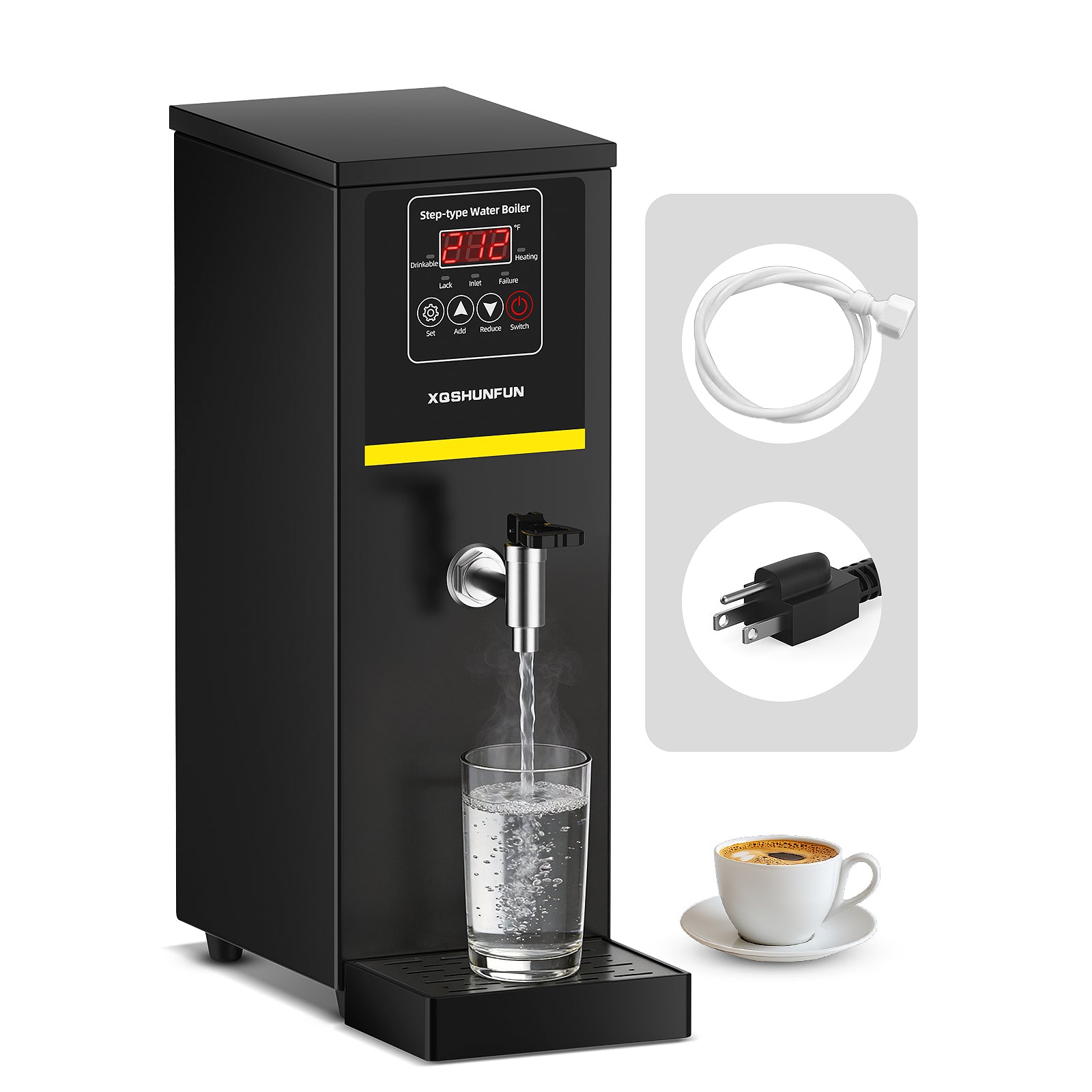 XQSHUNFUN Commercial Hot Water Dispenser, 8.45 Qt (8L) Auto-Refill Plumbed-in Water Boiler, 1500W Step-Heating, 104°F-212°F, Altitude Adaptive & °C/°F Switchable, 12 GPH Flow Rate, Glossy Black