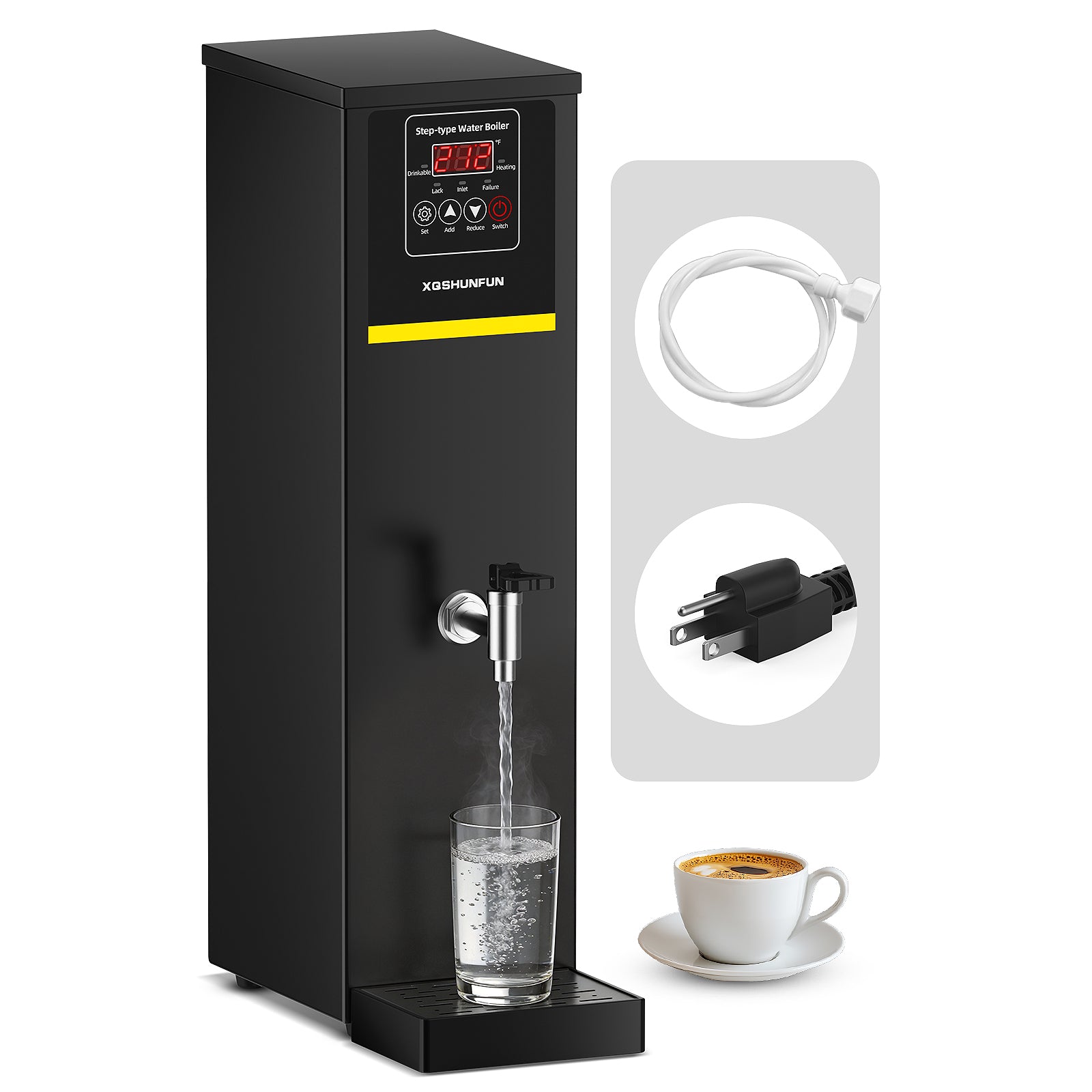 XQSHUNFUN Commercial Hot Water Dispenser, 12.68 Qt (12L) Auto-Refill Plumbed-in Water Boiler, 1500W Step-Heating, 104°F-212°F, Altitude Adaptive & °C/°F Switchable, 17 GPH Flow Rate, Glossy Black