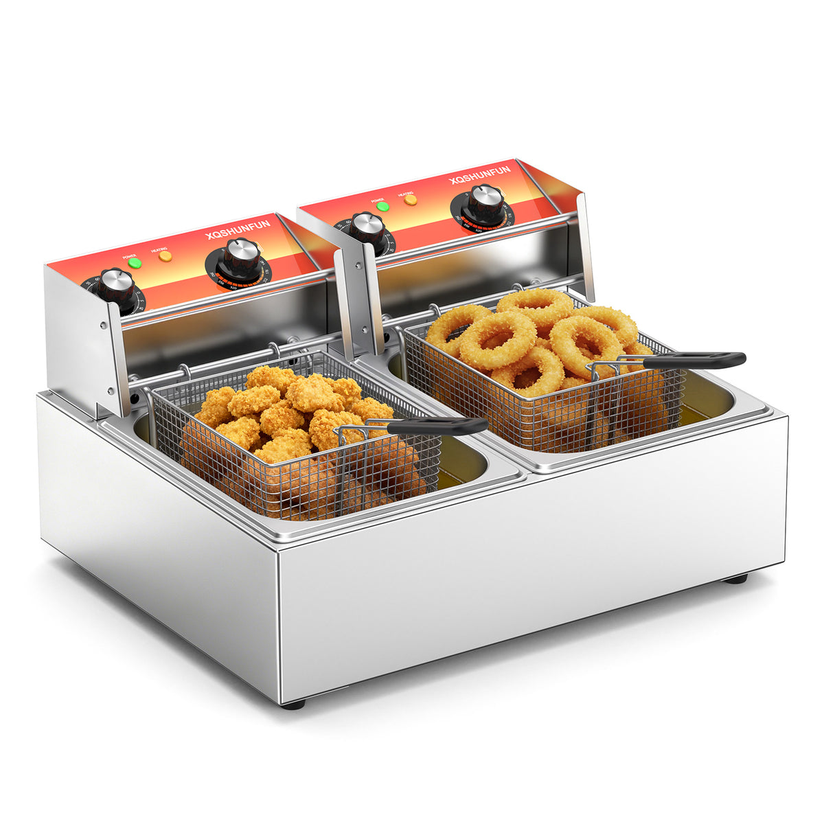 Commercial Electric Deep Fryer with Double Baskets & Dual 10L Tanks, Stainless Steel Countertop Fryer with Timers & Temp Control (140°F–392°F), 1500W, 110V