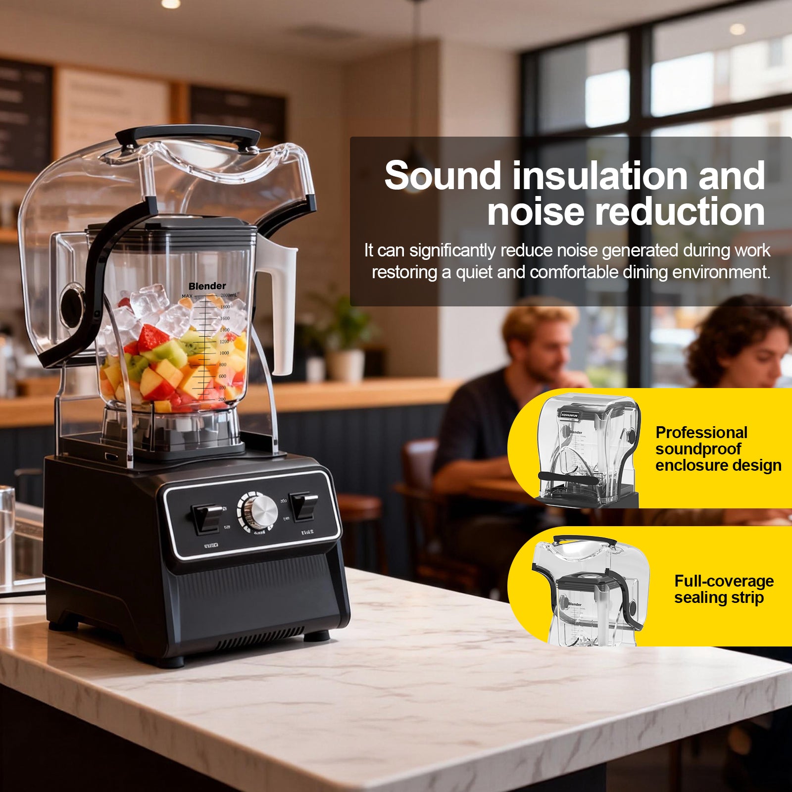 XQSHUNFUN Professional Soundproof Blender, True 1800W Commercial Quiet Blender, 68oz Dishwasher Safe Square Jar with Precise Scale, Sound Shield Enclosure, Pure Copper Motor