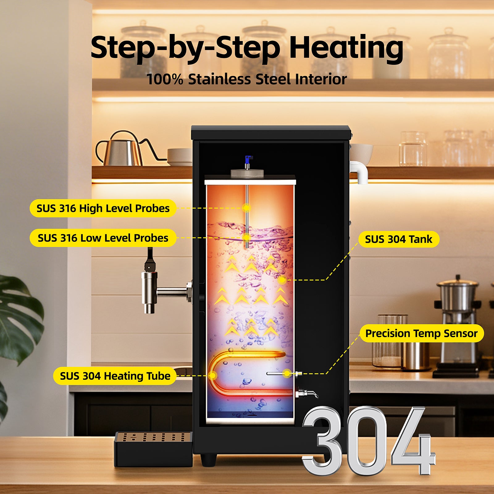 XQSHUNFUN Commercial Hot Water Dispenser, 8.45 Qt (8L) Auto-Refill Plumbed-in Water Boiler, 1500W Step-Heating, 104°F-212°F, Altitude Adaptive & °C/°F Switchable, 12 GPH Flow Rate, Glossy Black