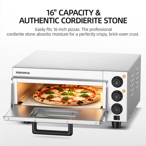 16" Commercial Electric Pizza Oven Countertop, Stainless Steel Pizza Maker with Cordierite Stone, Dual-Zone Temperature Control (Up to 662°F), 110V
