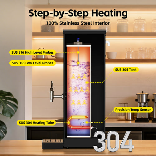 XQSHUNFUN Commercial Hot Water Dispenser, 12.68 Qt (12L) Auto-Refill Plumbed-in Water Boiler, 1500W Step-Heating, 104°F-212°F, Altitude Adaptive & °C/°F Switchable, 17 GPH Flow Rate, Glossy Black