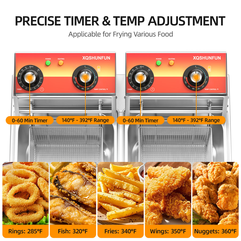 Commercial Electric Deep Fryer with Double Baskets & Dual 10L Tanks, Stainless Steel Countertop Fryer with Timers & Temp Control (140°F–392°F), 1500W, 110V