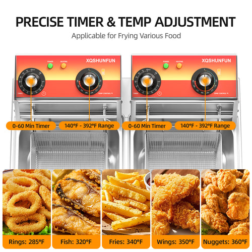 Commercial Electric Deep Fryer with Double Baskets & Dual 10L Tanks, Stainless Steel Countertop Fryer with Timers & Temp Control (140°F–392°F), 1500W, 110V