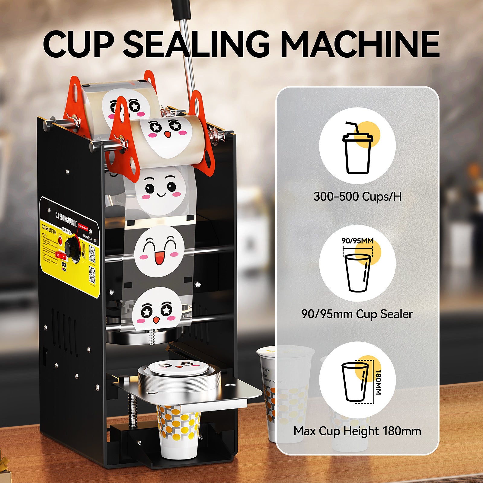 XQSHUNFUN Cup Sealing Machine, 90/95mm Cup Sealer, 300-500 Cups/H, Temperature Control, Model JQ-303, for PP Plastic and Paper Cups