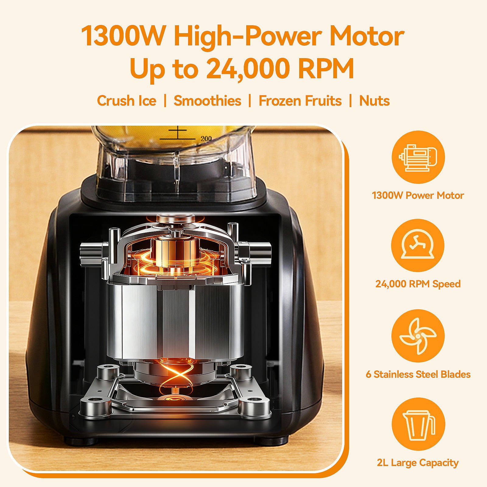 XQSHUNFUN Health Blender, 1300W High-Power Motor, 24,000 RPM, 2000mL Capacity, 6-Leaf Stainless Steel Blades, Black