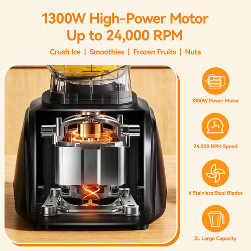 XQSHUNFUN Health Blender, 1300W High-Power Motor, 24,000 RPM, 2000mL Capacity, 6-Leaf Stainless Steel Blades, Black