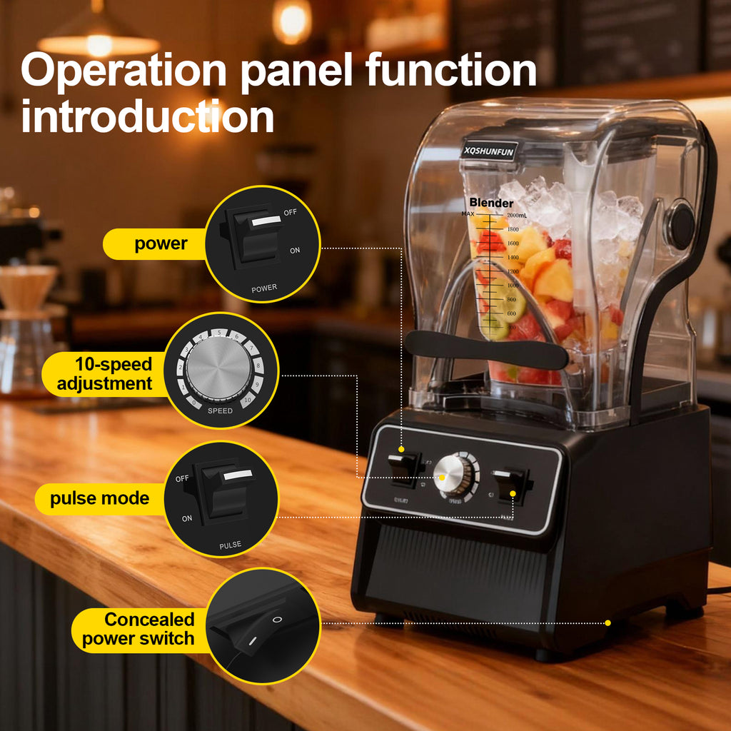 XQSHUNFUN Professional Soundproof Blender, True 1800W Commercial Quiet Blender, 68oz Dishwasher Safe Square Jar with Precise Scale, Sound Shield Enclosure, Pure Copper Motor