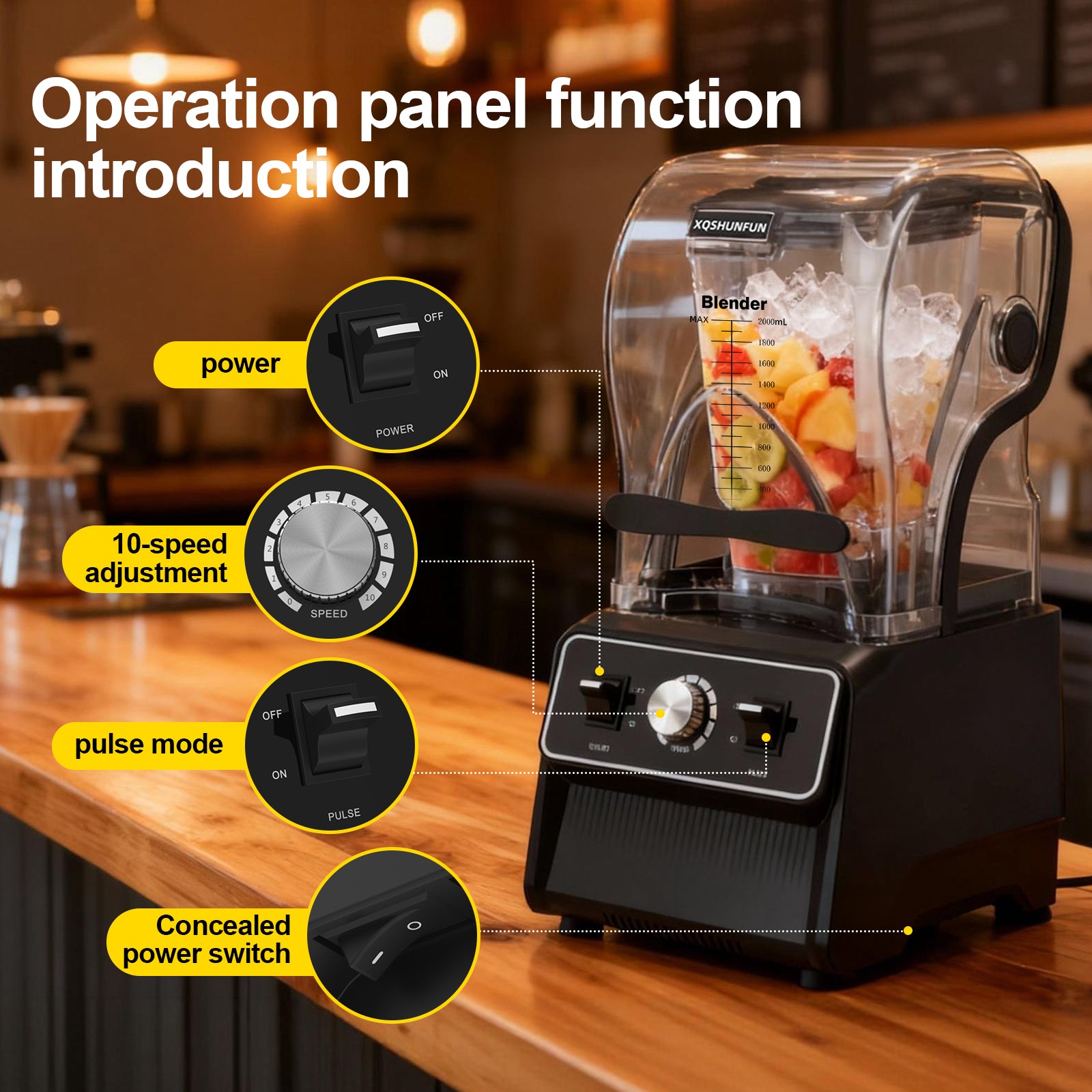 XQSHUNFUN Professional Soundproof Blender, True 1800W Commercial Quiet Blender, 68oz Dishwasher Safe Square Jar with Precise Scale, Sound Shield Enclosure, Pure Copper Motor