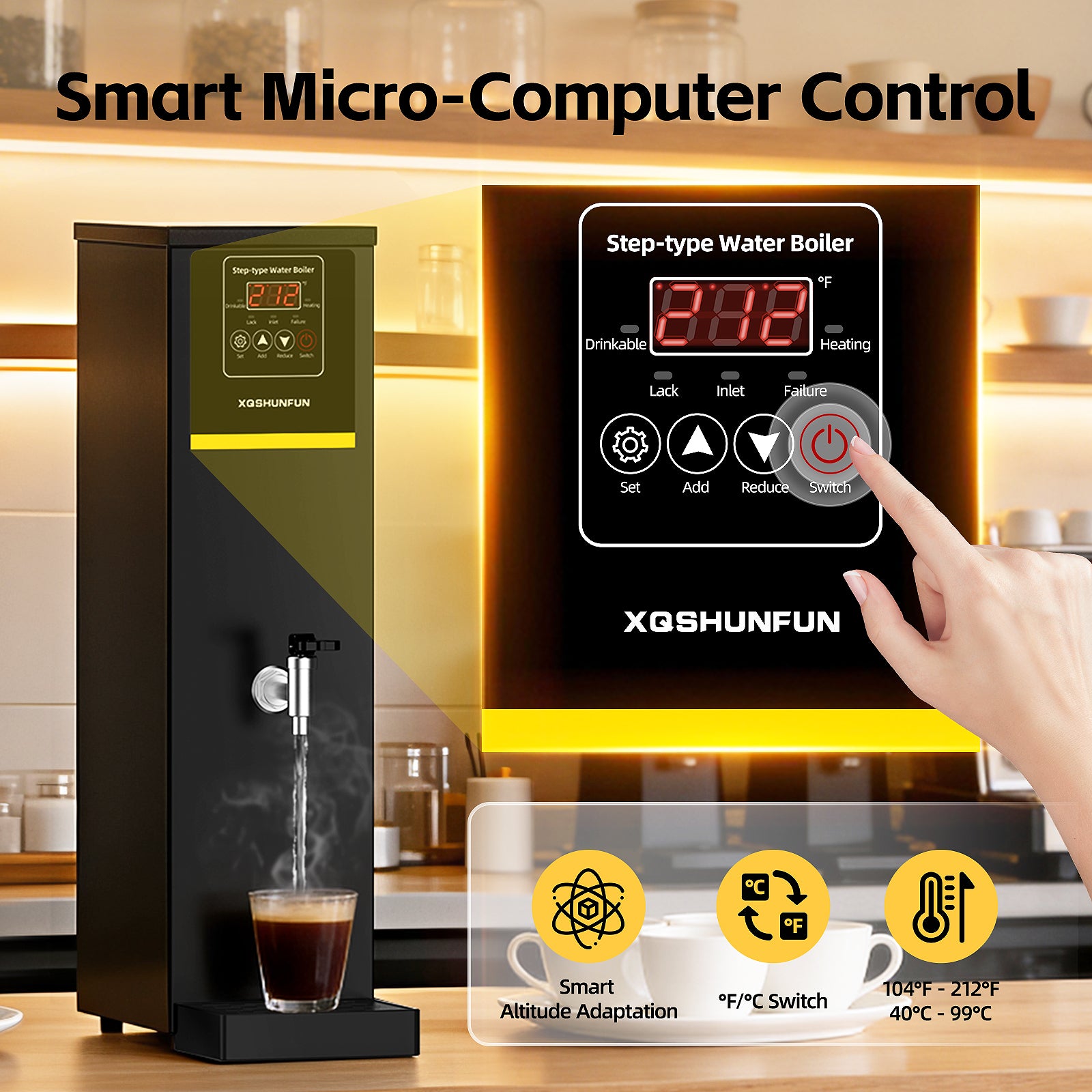 XQSHUNFUN Commercial Hot Water Dispenser, 12.68 Qt (12L) Auto-Refill Plumbed-in Water Boiler, 1500W Step-Heating, 104°F-212°F, Altitude Adaptive & °C/°F Switchable, 17 GPH Flow Rate, Glossy Black