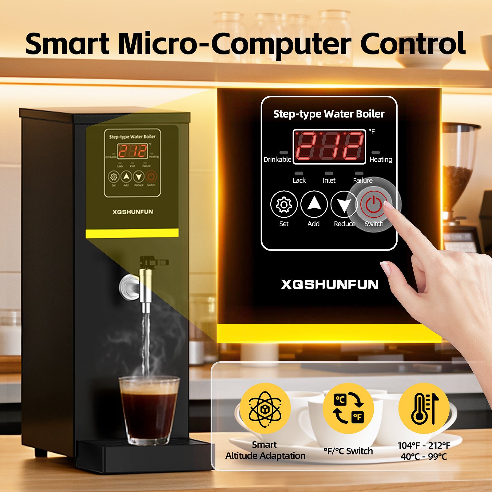 XQSHUNFUN Commercial Hot Water Dispenser, 8.45 Qt (8L) Auto-Refill Plumbed-in Water Boiler, 1500W Step-Heating, 104°F-212°F, Altitude Adaptive & °C/°F Switchable, 12 GPH Flow Rate, Glossy Black