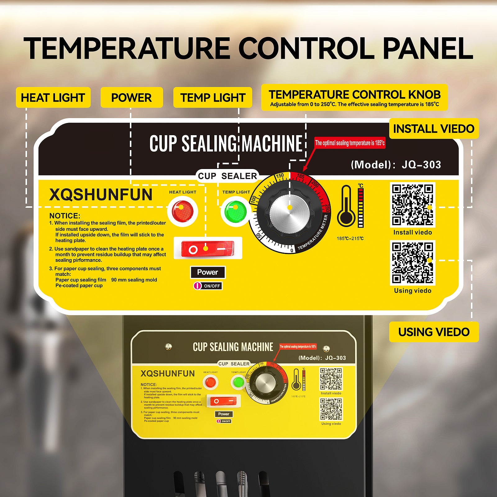 XQSHUNFUN Cup Sealing Machine, 90/95mm Cup Sealer, 300-500 Cups/H, Temperature Control, Model JQ-303, for PP Plastic and Paper Cups