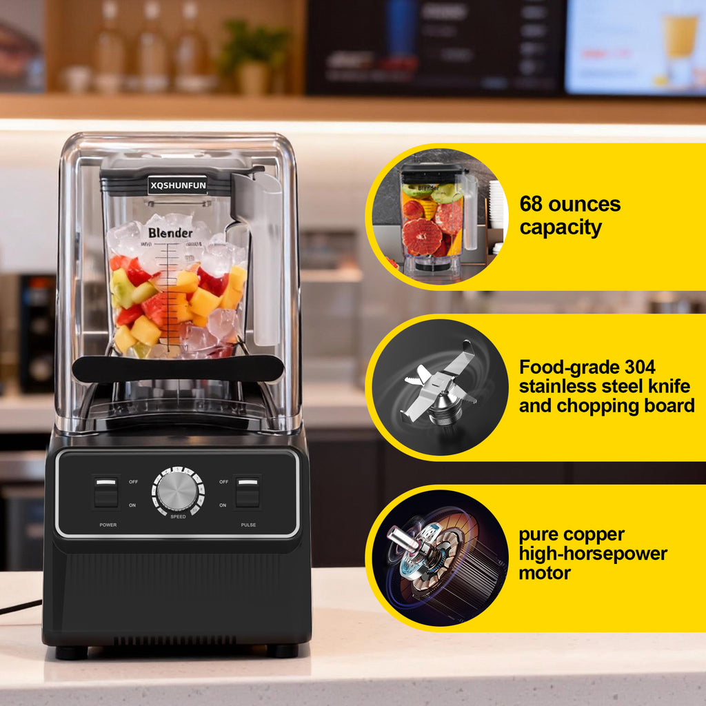 XQSHUNFUN Professional Soundproof Blender, True 1800W Commercial Quiet Blender, 68oz Dishwasher Safe Square Jar with Precise Scale, Sound Shield Enclosure, Pure Copper Motor