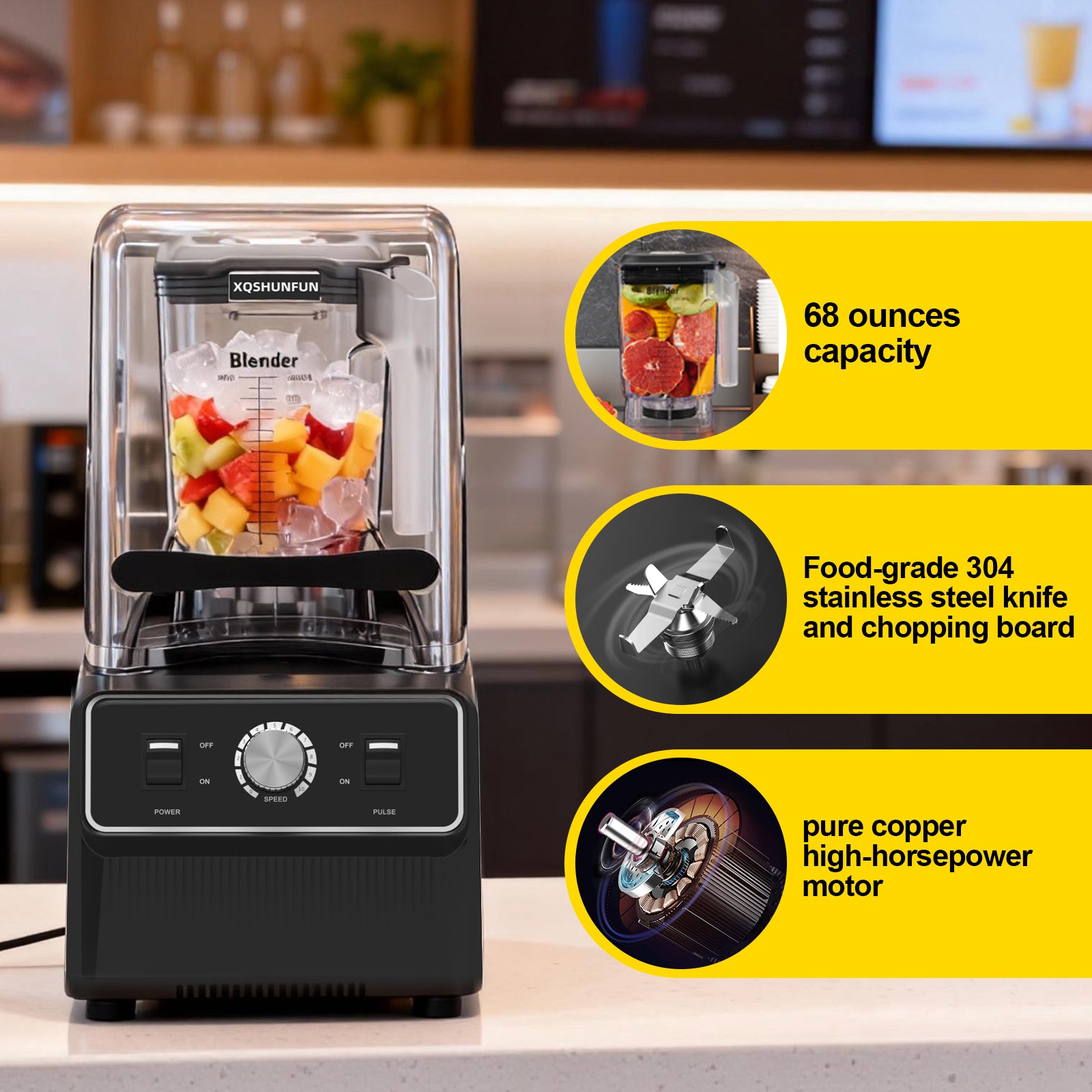 XQSHUNFUN Professional Soundproof Blender, True 1800W Commercial Quiet Blender, 68oz Dishwasher Safe Square Jar with Precise Scale, Sound Shield Enclosure, Pure Copper Motor