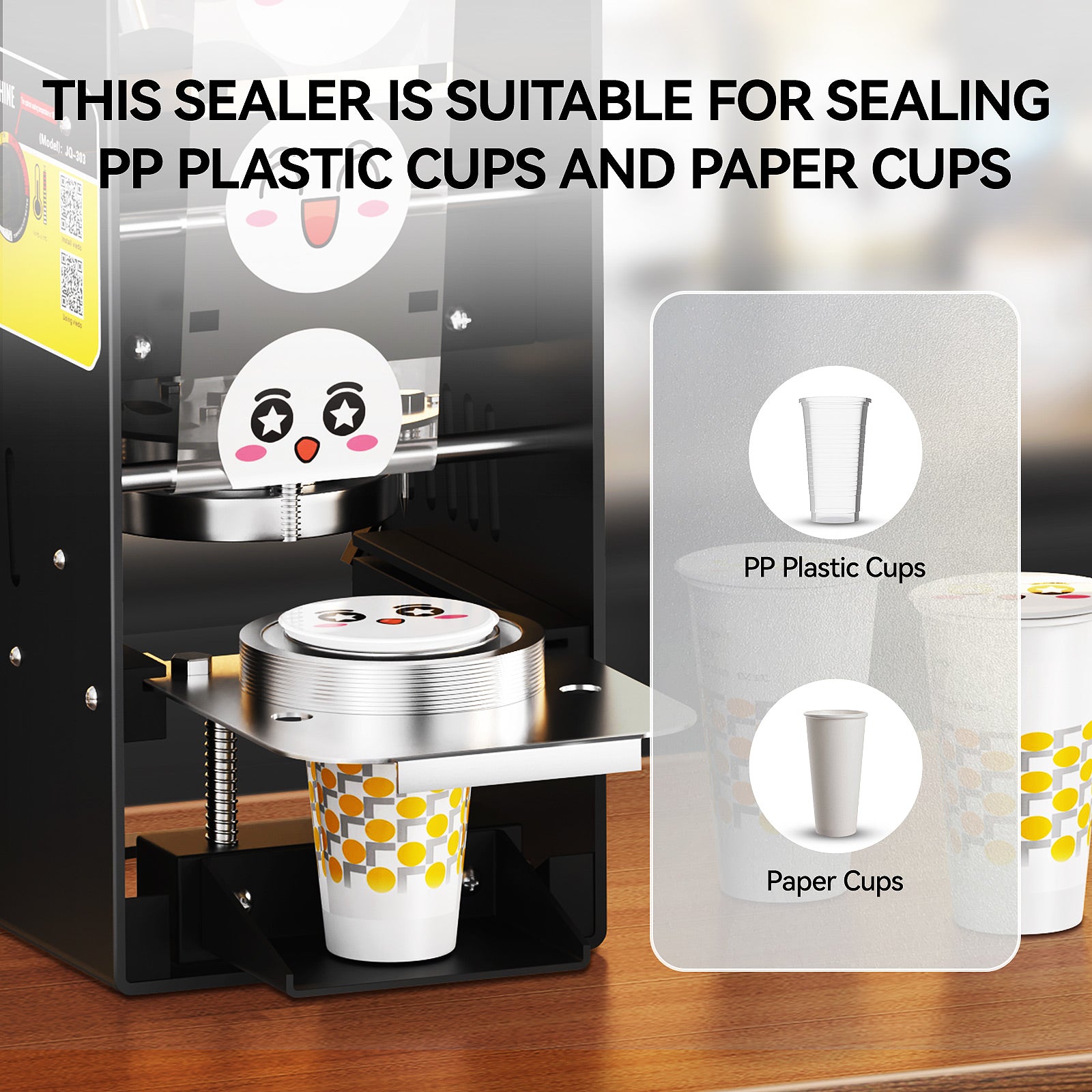 XQSHUNFUN Cup Sealing Machine, 90/95mm Cup Sealer, 300-500 Cups/H, Temperature Control, Model JQ-303, for PP Plastic and Paper Cups