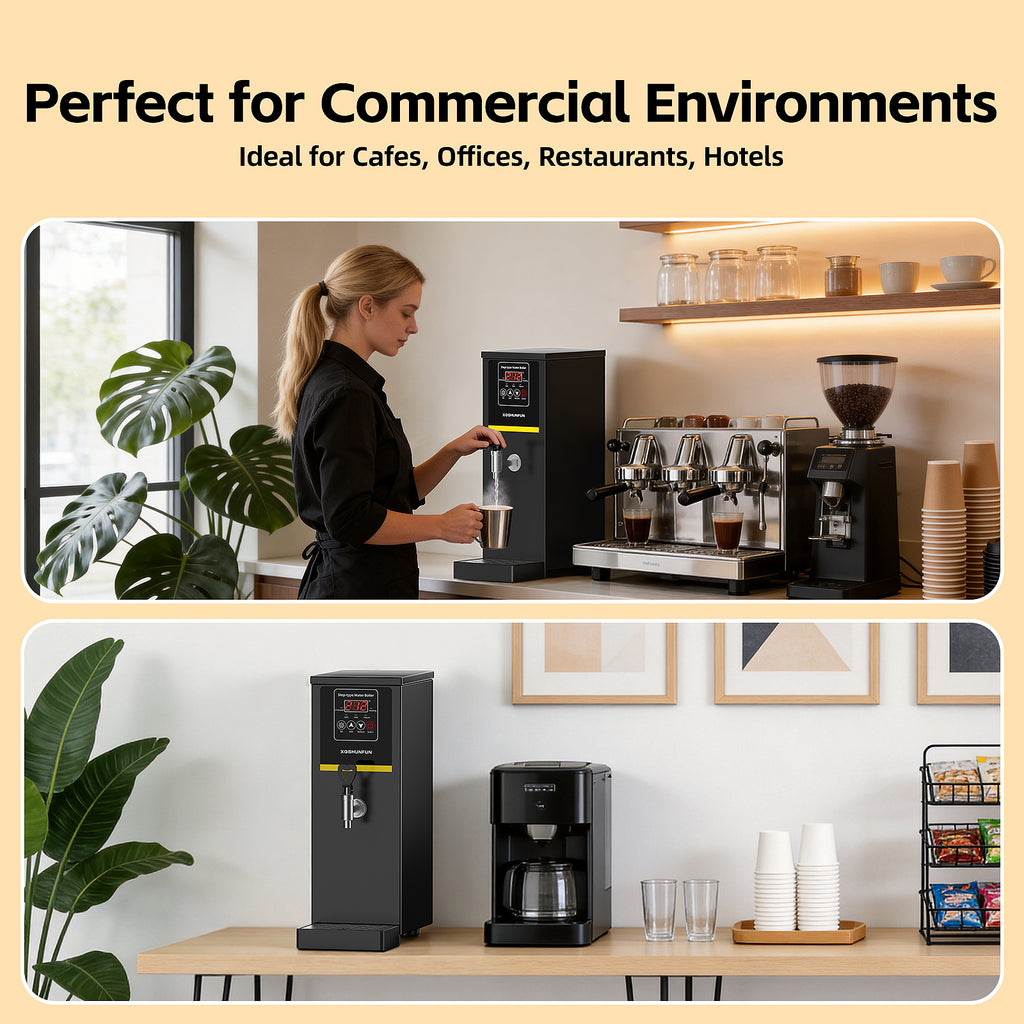 XQSHUNFUN Commercial Hot Water Dispenser, 8.45 Qt (8L) Auto-Refill Plumbed-in Water Boiler, 1500W Step-Heating, 104°F-212°F, Altitude Adaptive & °C/°F Switchable, 12 GPH Flow Rate, Glossy Black