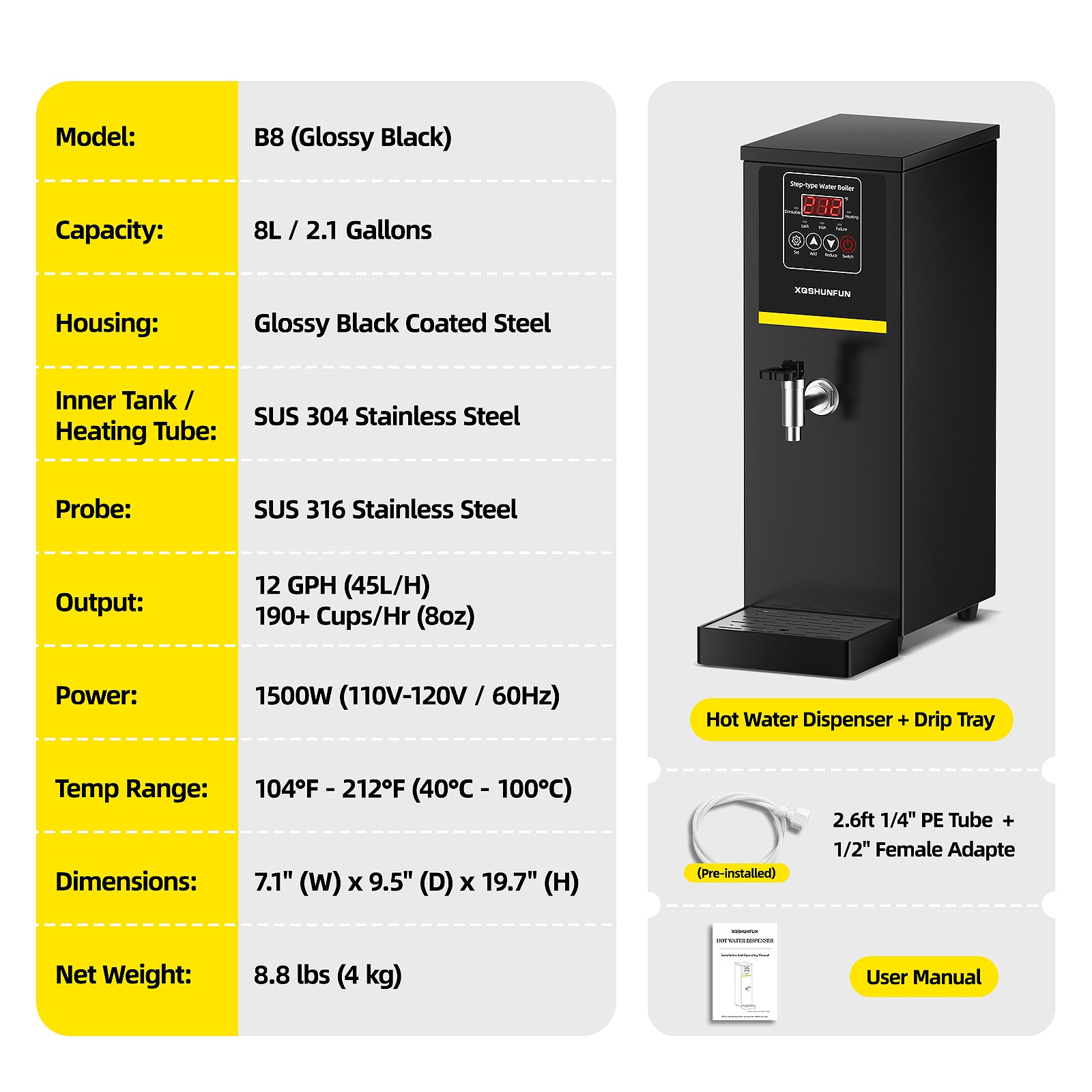 XQSHUNFUN Commercial Hot Water Dispenser, 8.45 Qt (8L) Auto-Refill Plumbed-in Water Boiler, 1500W Step-Heating, 104°F-212°F, Altitude Adaptive & °C/°F Switchable, 12 GPH Flow Rate, Glossy Black