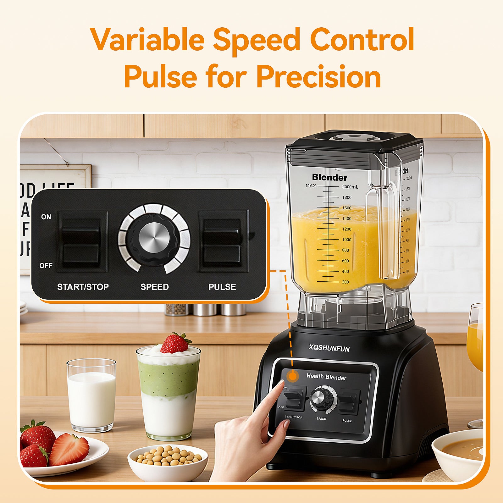 XQSHUNFUN Health Blender, 1300W High-Power Motor, 24,000 RPM, 2000mL Capacity, 6-Leaf Stainless Steel Blades, Black