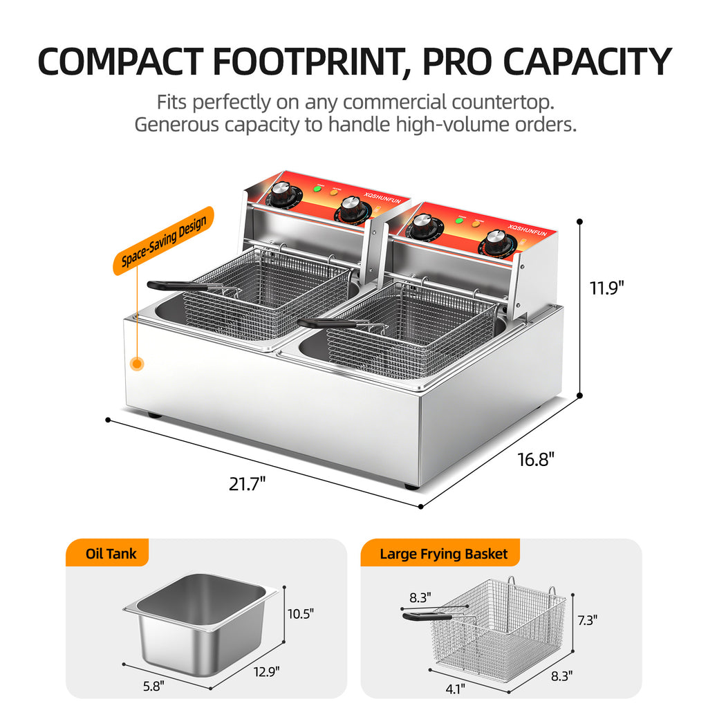 Commercial Electric Deep Fryer with Double Baskets & Dual 10L Tanks, Stainless Steel Countertop Fryer with Timers & Temp Control (140°F–392°F), 1500W, 110V