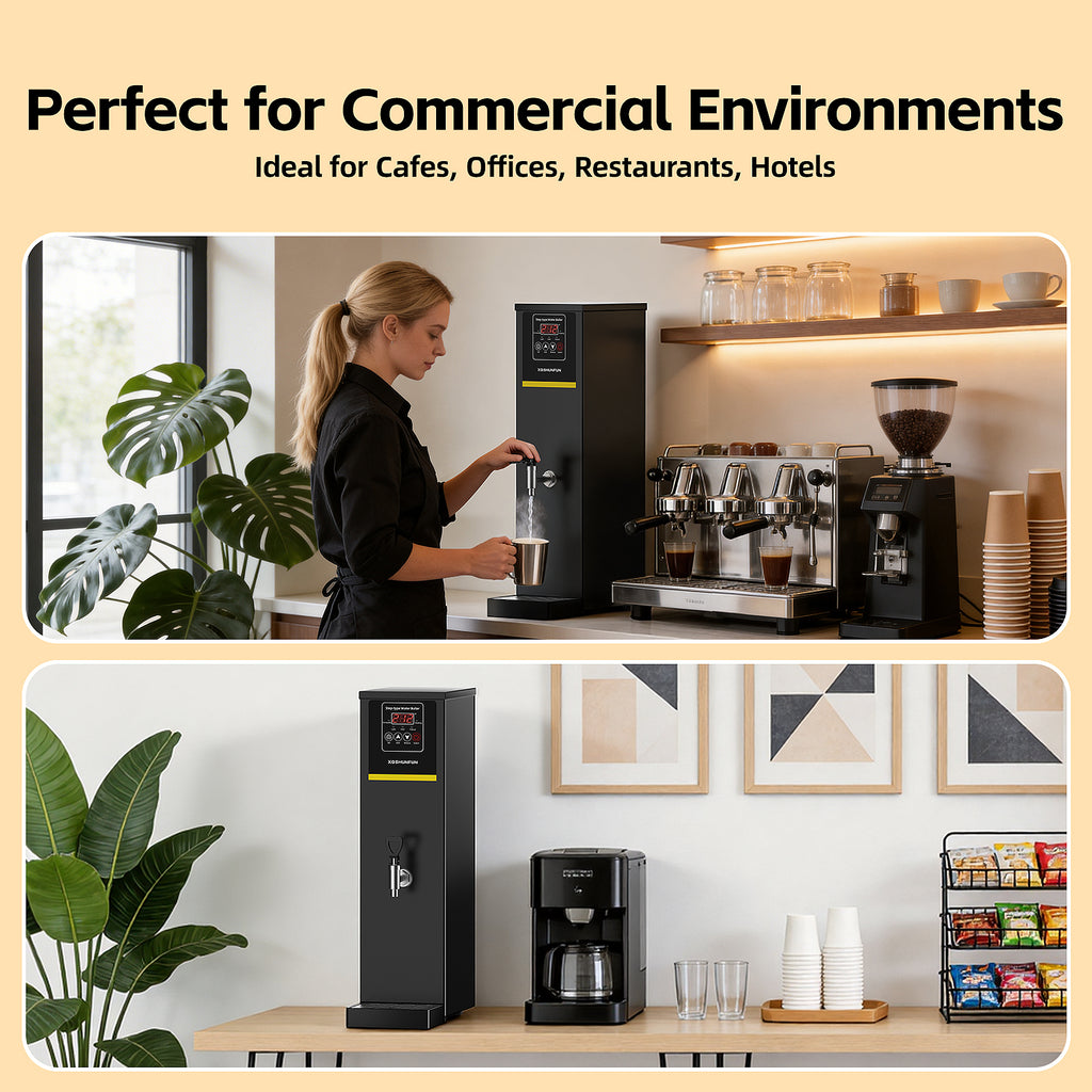 XQSHUNFUN Commercial Hot Water Dispenser, 12.68 Qt (12L) Auto-Refill Plumbed-in Water Boiler, 1500W Step-Heating, 104°F-212°F, Altitude Adaptive & °C/°F Switchable, 17 GPH Flow Rate, Glossy Black