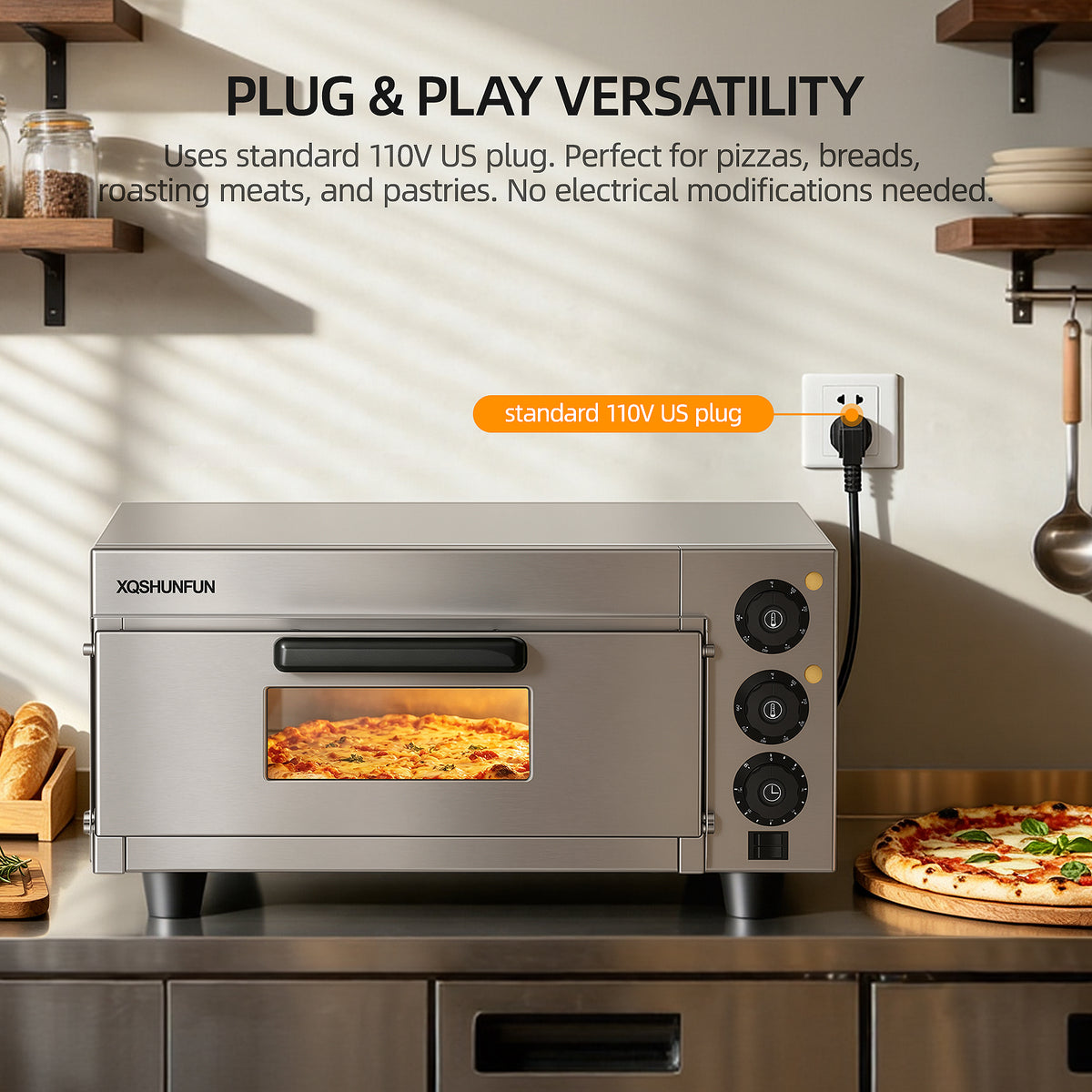 16" Commercial Electric Pizza Oven Countertop, Stainless Steel Pizza Maker with Cordierite Stone, Dual-Zone Temperature Control (Up to 662°F), 110V