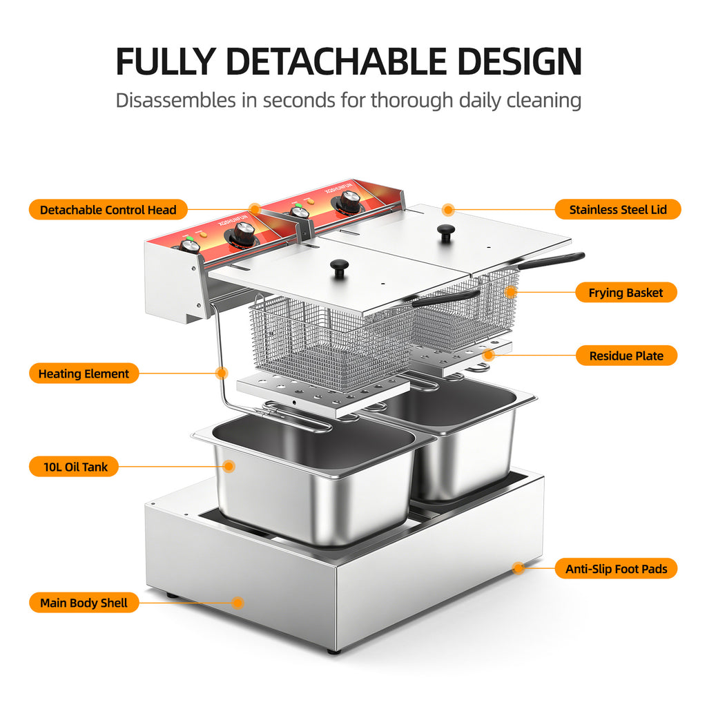 Commercial Electric Deep Fryer with Double Baskets & Dual 10L Tanks, Stainless Steel Countertop Fryer with Timers & Temp Control (140°F–392°F), 1500W, 110V