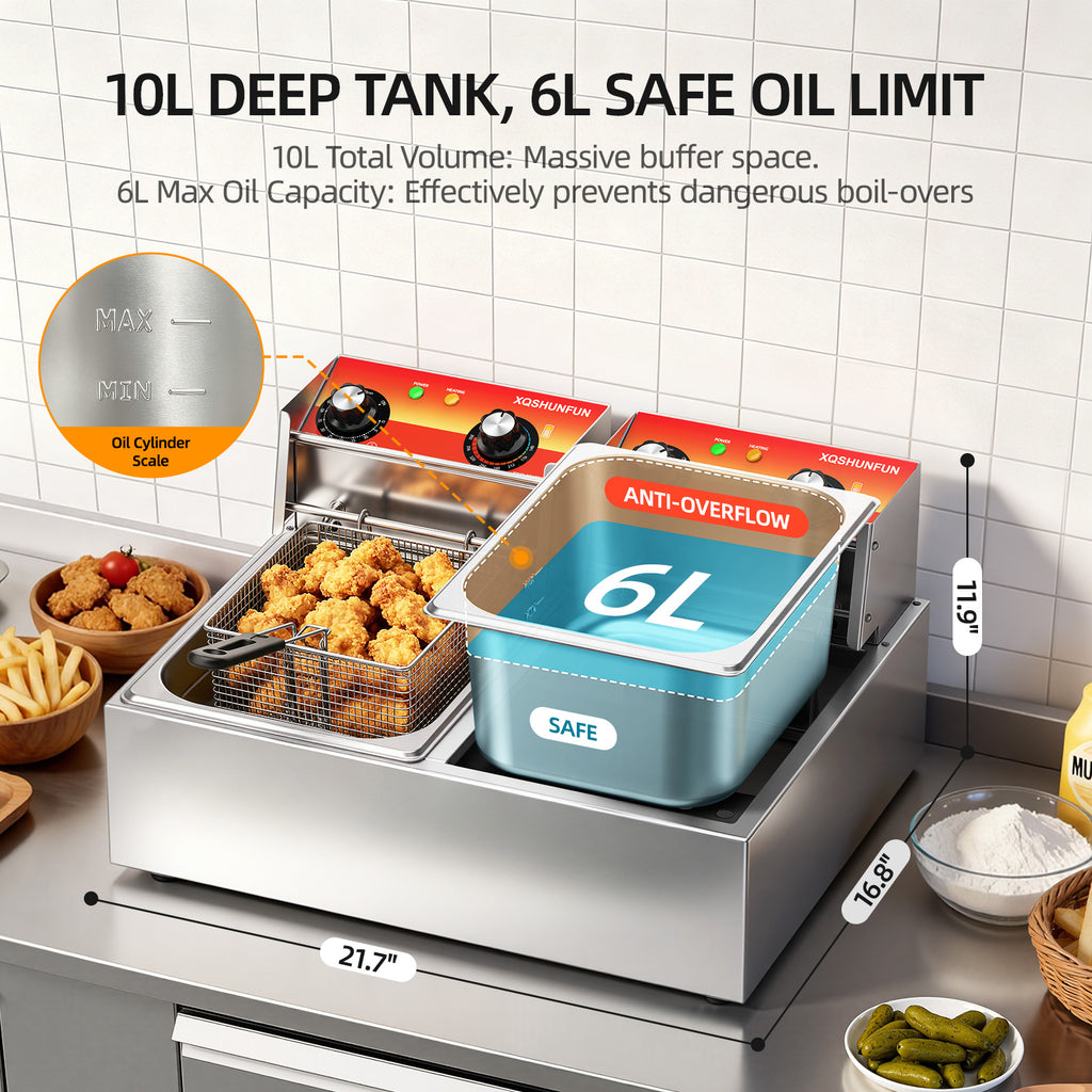 Commercial Electric Deep Fryer with Double Baskets & Dual 10L Tanks, Stainless Steel Countertop Fryer with Timers & Temp Control (140°F–392°F), 1500W, 110V