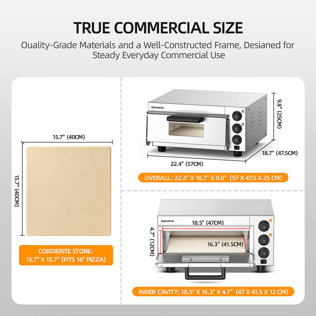 16" Commercial Electric Pizza Oven Countertop, Stainless Steel Pizza Maker with Cordierite Stone, Dual-Zone Temperature Control (Up to 662°F), 110V